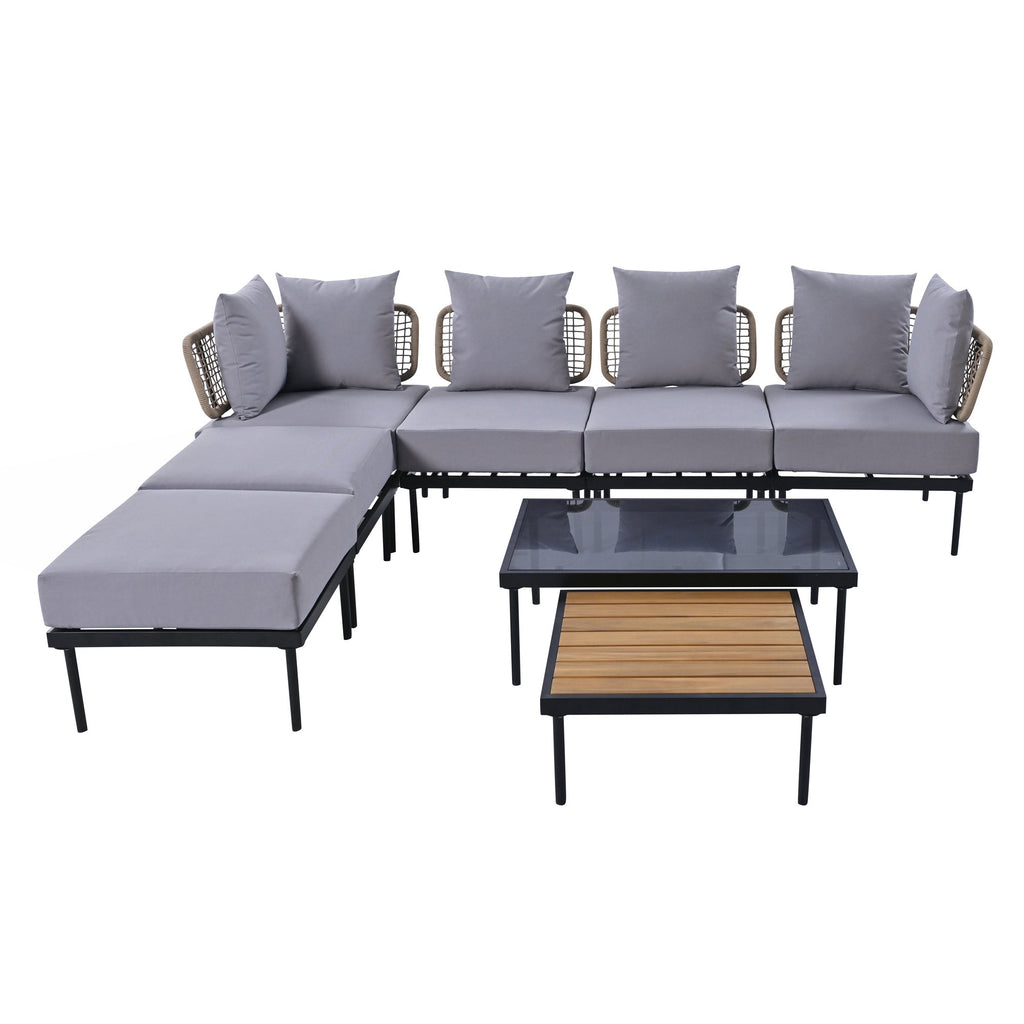 TREXM 8-Piece Patio Sectional Sofa Set with Tempered Glass Coffee Table and Wooden Coffee Table for Outdoor Oasis, Garden, Patio and Poolside (Light Grey Cushion + Black Steel)