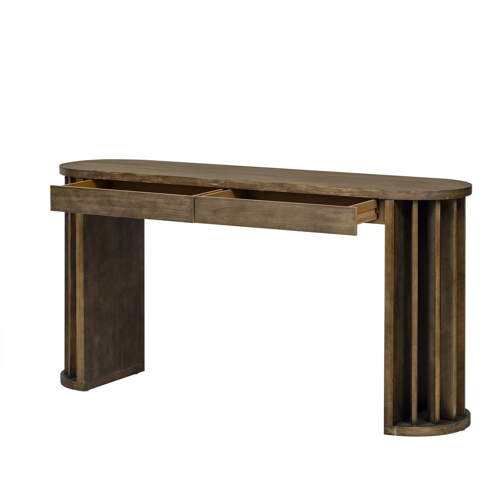 U_Style 59-inch Long Console Table,Oak Veneer Sofa Table,Curved and Straight Line Design,Behind the Couch, Farmhouse Entryway Table for Entrance, Hallway, Living Room (Natural)