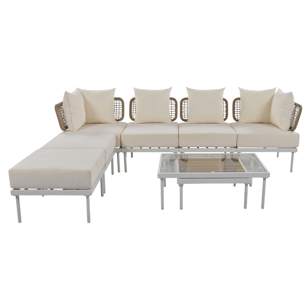 TREXM 8-Piece Patio Sectional Sofa Set with Tempered Glass Coffee Table and Wooden Coffee Table for Outdoor Oasis, Garden, Patio and Poolside (Beige Cushion + White Steel)