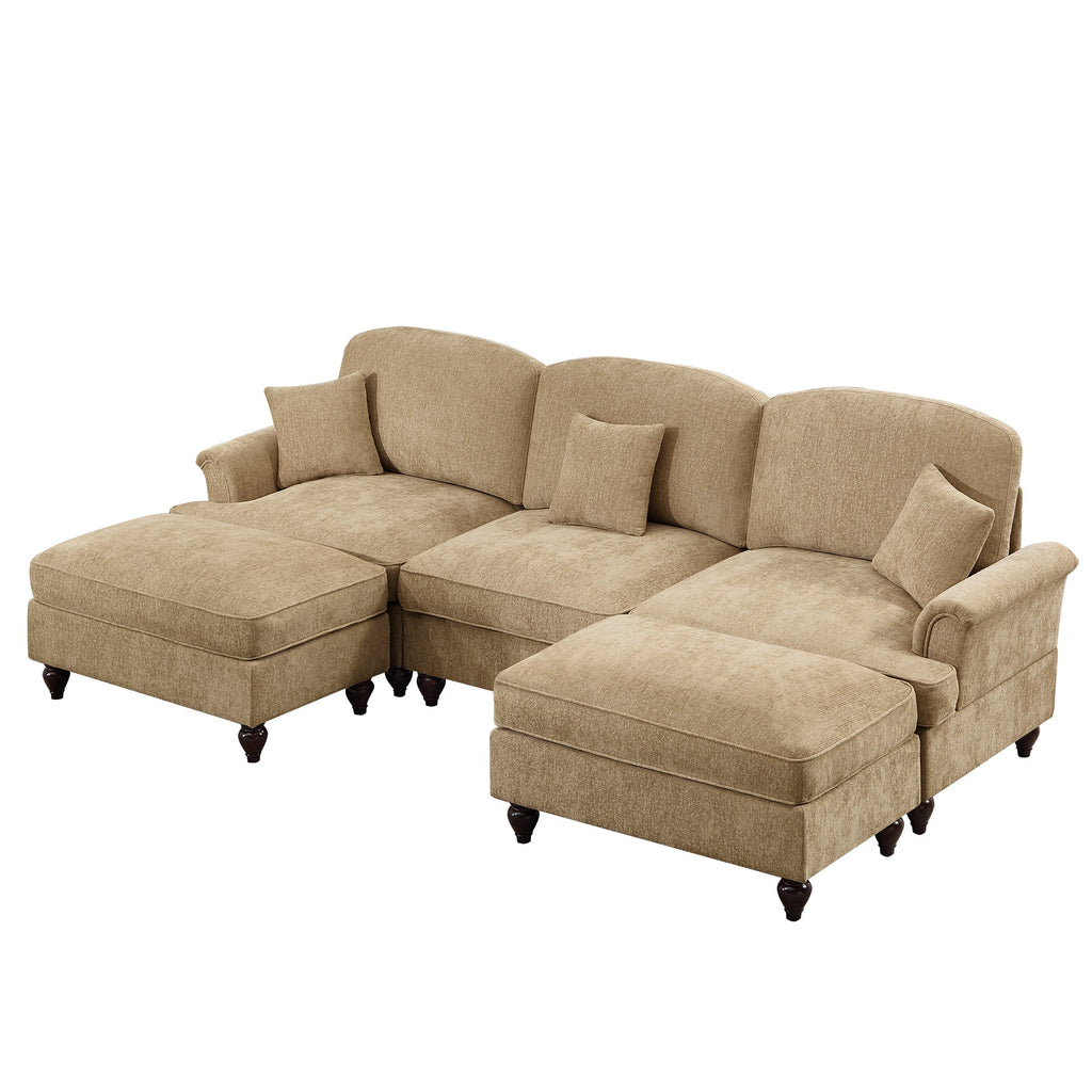 Classic Comfy Modular U Shape Sectional Sofa Couch with Flared Arms and Removable Ruffles Pleats Skirts and Spindle Legs, Upholstered Chenille Deep Seat Cloud Sofa with Movable Ottomans, Light Coffee