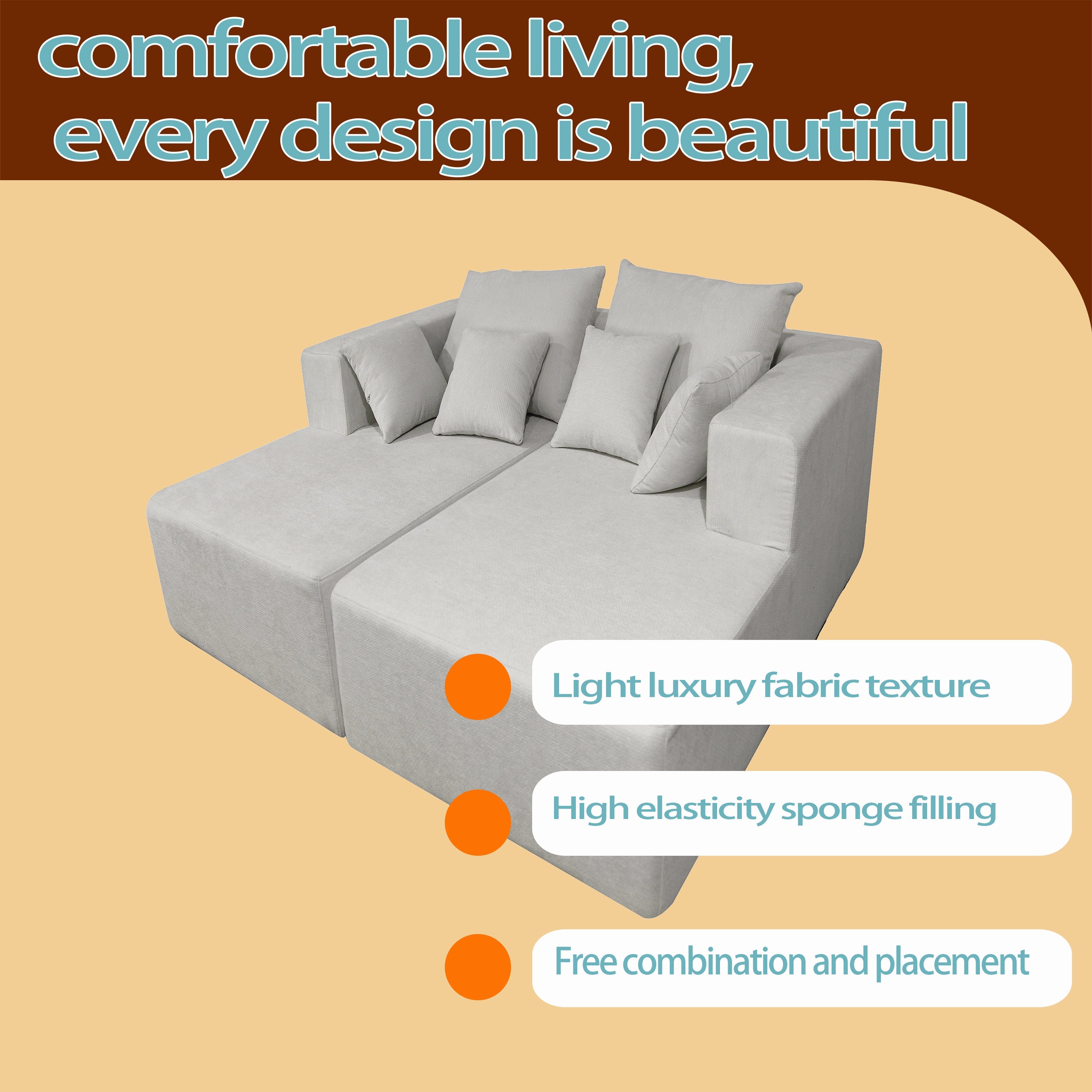 Four seater combination sofa, sofa bed, made of high-density sponge and soft linen fabric, with multiple combination methods (beige)