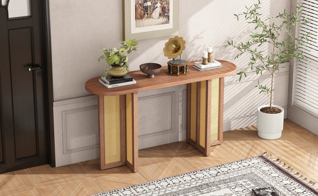 TREXM Farmhouse Rattan Console Table Entryway Table, Narrow Console Table with Storage, Hallway Table for Living Room, Entrance (Natural Wood Wash)