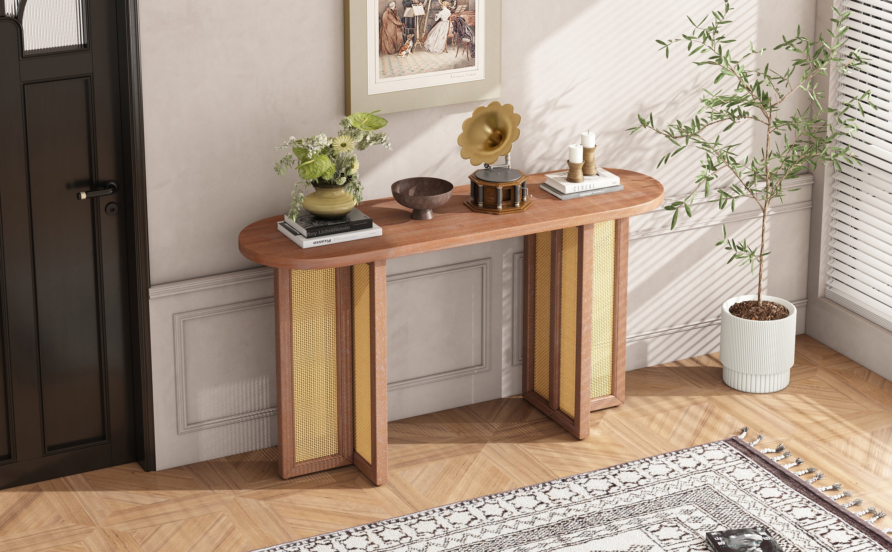TREXM Farmhouse Rattan Console Table Entryway Table, Narrow Console Table with Storage, Hallway Table for Living Room, Entrance (Natural Wood Wash)