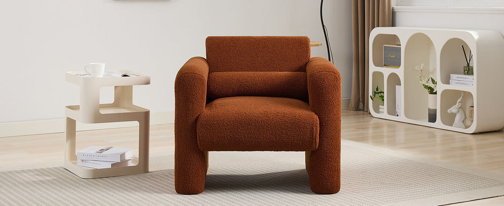 Modern Accent Chair Lambskin Sherpa Fabric Upholstered Comfy Reading Arm Chair Soft Padded Armchair with Back and Pillow for Living Room Bedroom Reception Waiting Room Office,Burnt Orange
