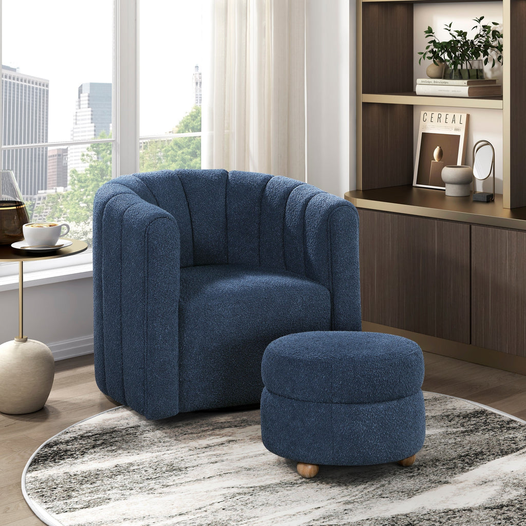 Modern Contemporary Swivel Chair with Ottoman Blue Boucle Fabric Upholstery Solid Wood Living Room Furniture