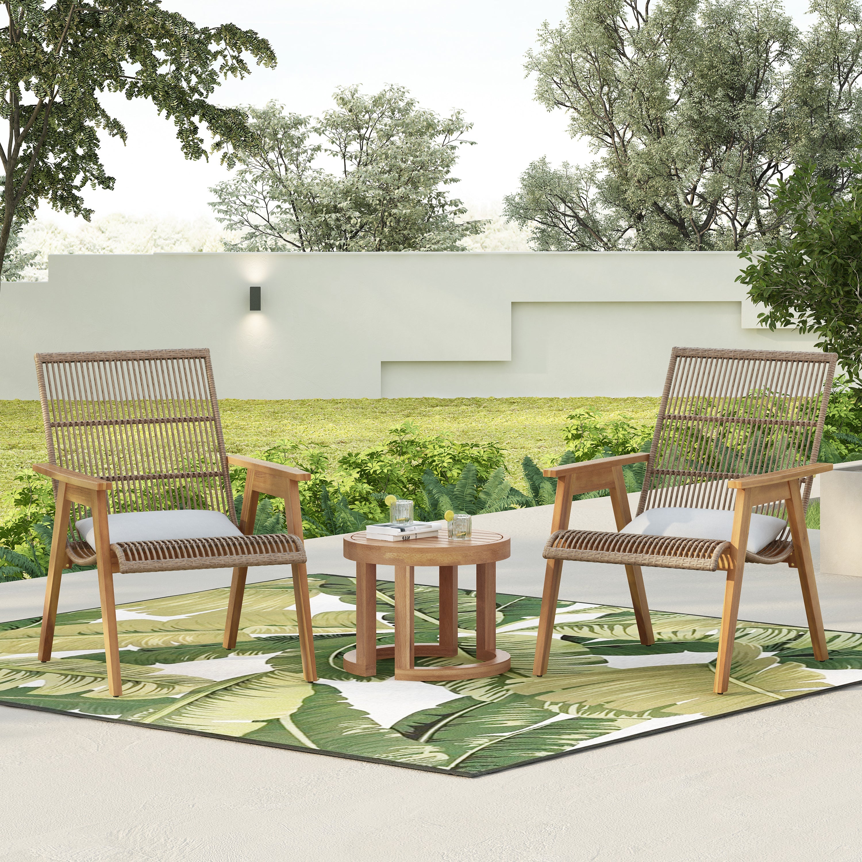 Outdoor Acacia Wood 3-Piece Lounge Set: 2 Cape Woven Wicker Lounge Chairs with Pillows + 18' Solid Side Table for Patio, Deck, Yard, Lawn, and Garden (Teak Finish + Natural Wicker + Light Grey Fabric