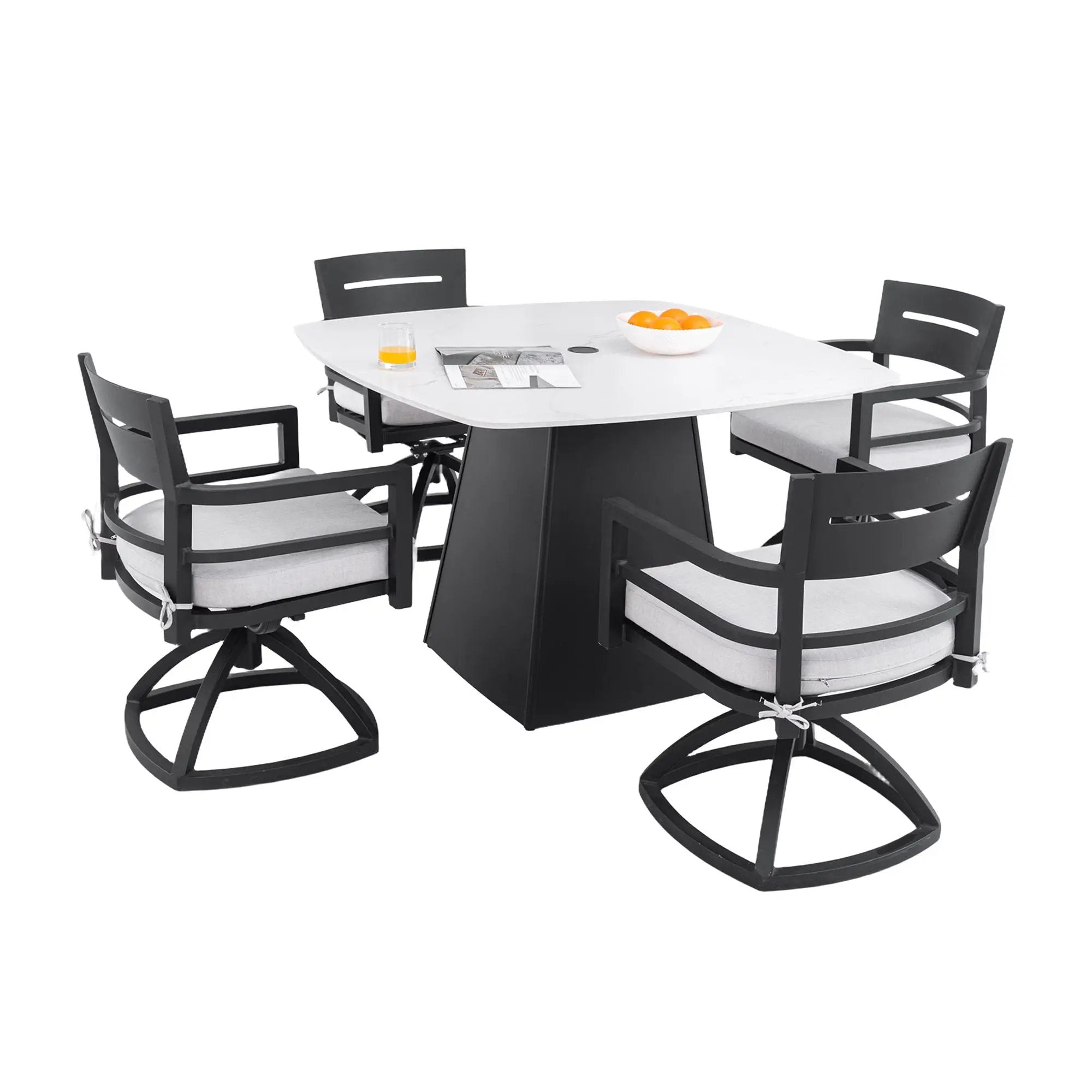 Outdoor Patio Dining Set, Squircle Dining Table, Dining Chairs With Sunbrella Cushions