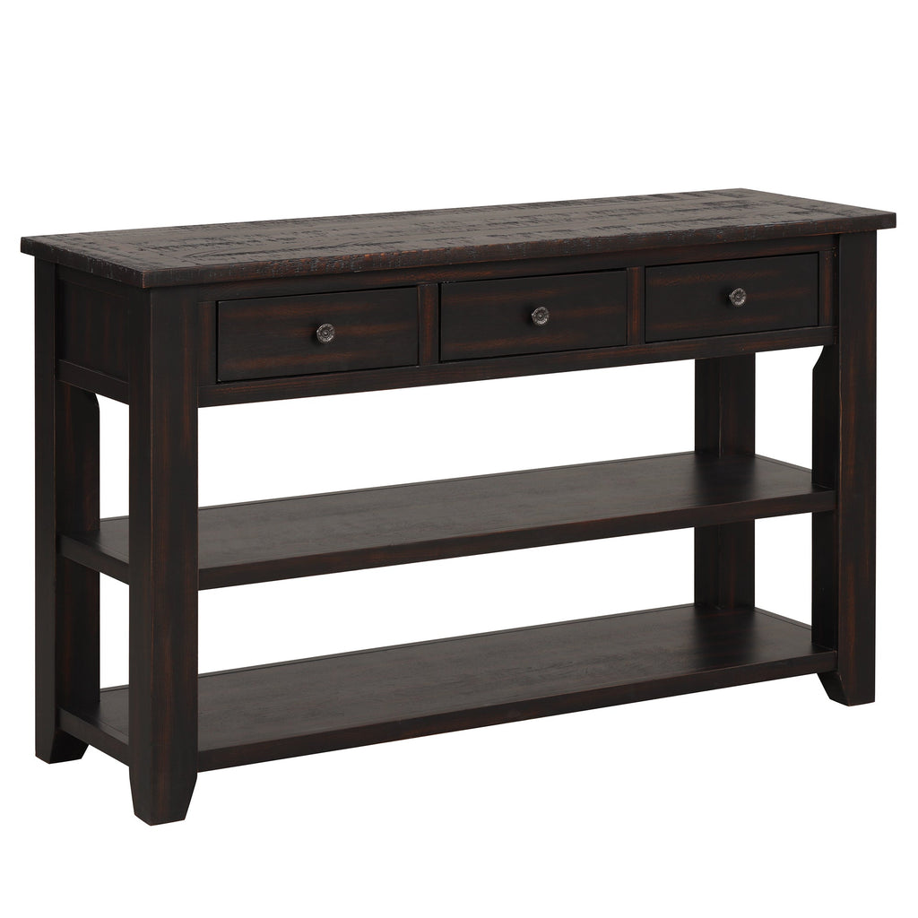 48'' Solid Pine Wood Top Console Table, Modern Entryway Sofa Side Table with 3 Storage Drawers and 2 Shelves. Easy to Assemble ( Black)