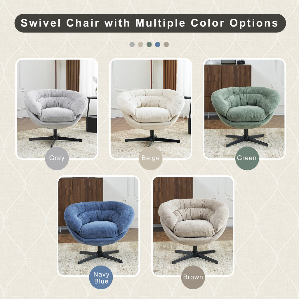 Modern Chenille Office Chair, 360° Swivel Accent Chair with Removable Cushion, Round Office Chair, Black Metal Base, Cotton Material, Living Room, Bedroom, Reading Corner, Office (Navy Blue)