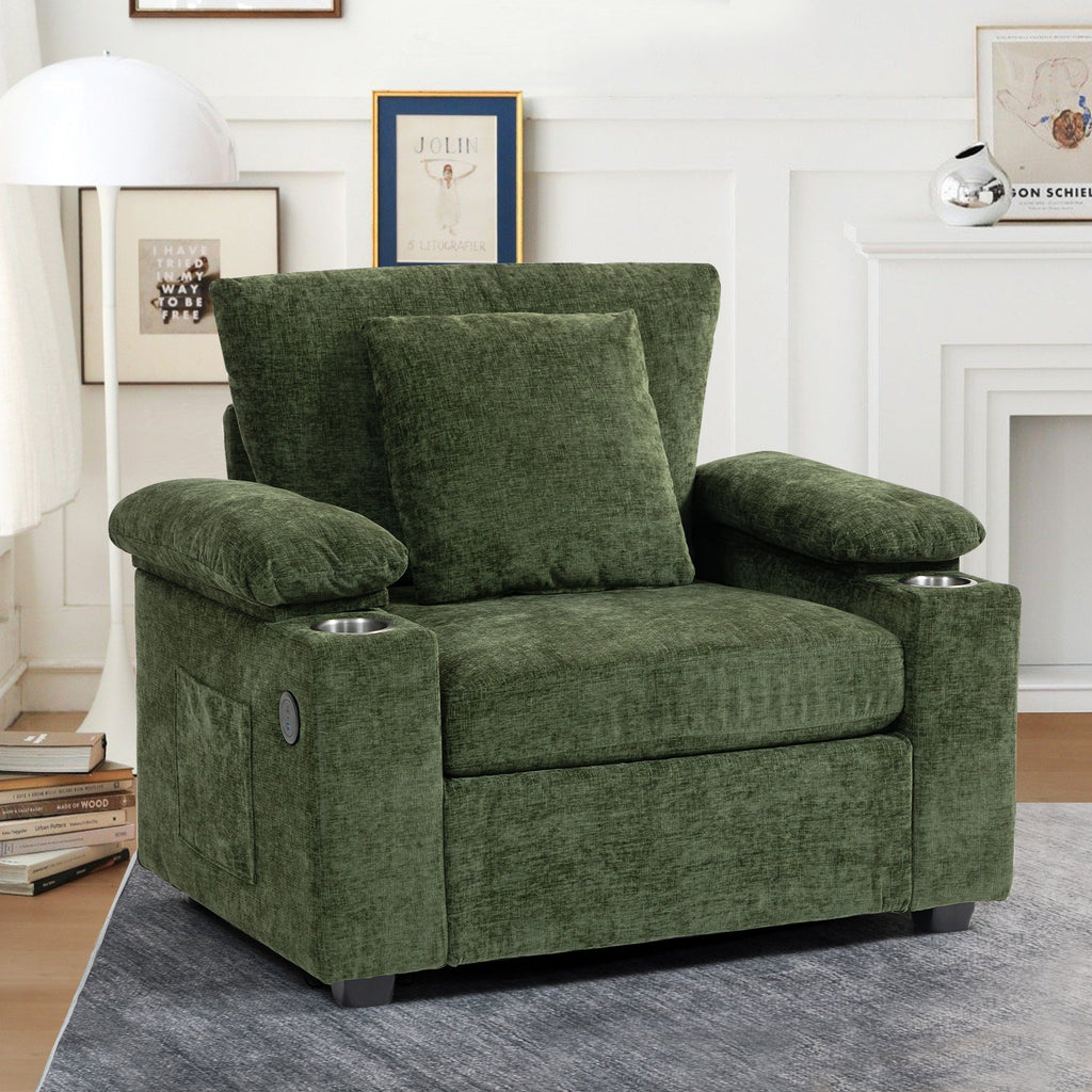 Modern Oversized Chair with Ottoman,Chenille Fabric Sofa Bed,Accent Chair Comfy Sofa with Cupholders and USB Charging Ports Chair for Living Room,Bedroom,Apartment