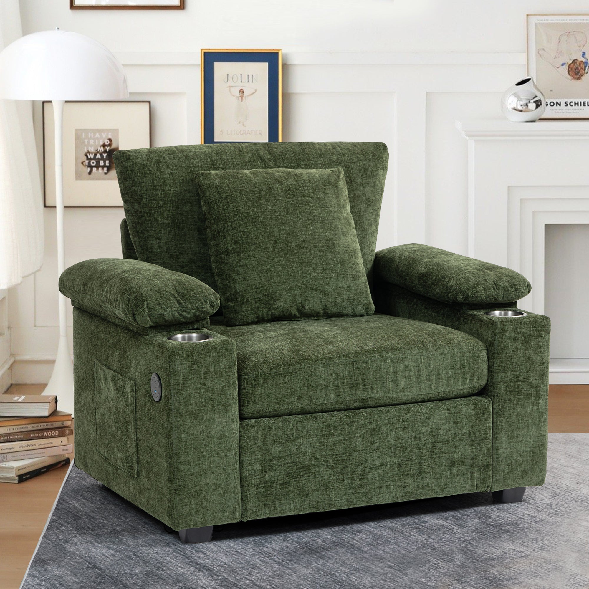 Modern Oversized Chair with Ottoman,Chenille Fabric Sofa Bed,Accent Chair Comfy Sofa with Cupholders and USB Charging Ports Chair for Living Room,Bedroom,Apartment