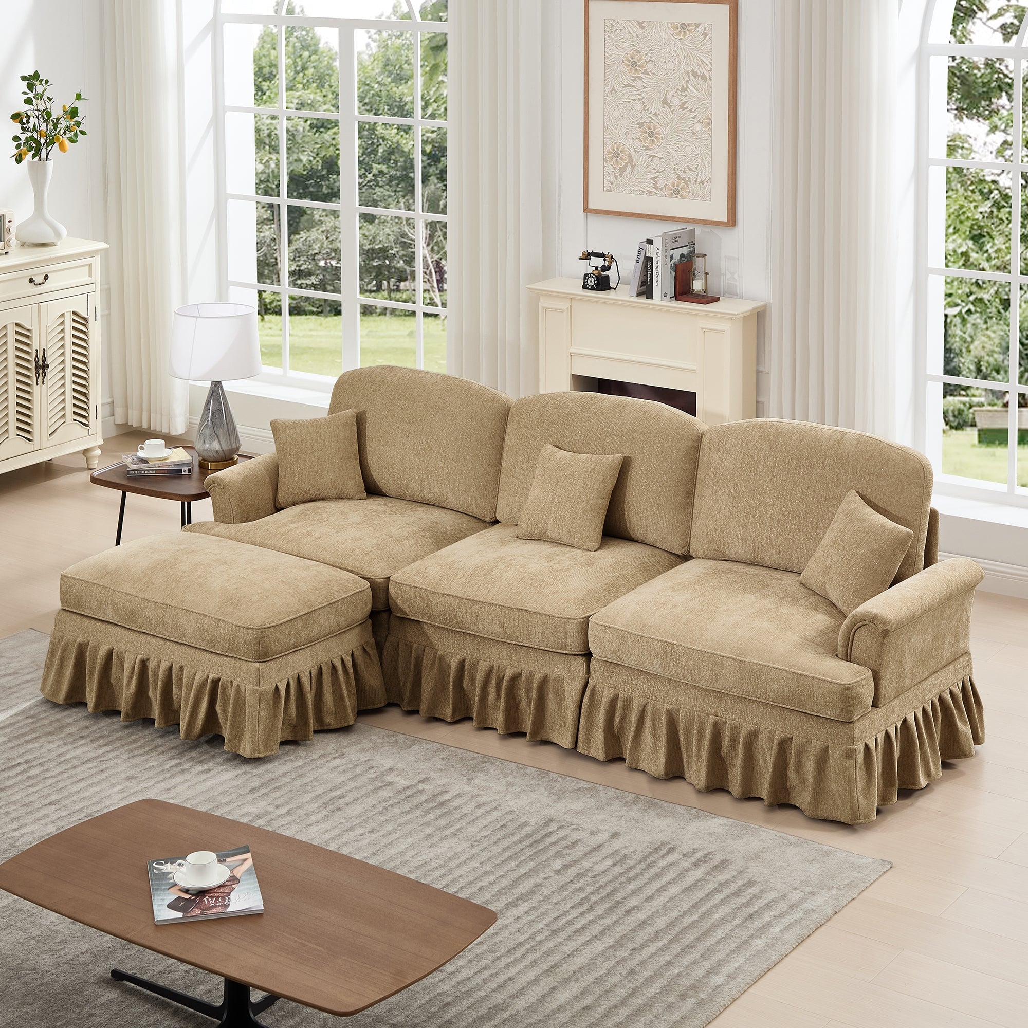 Mid Century Three Seater Modular L Shaped Sectional Couch with Flared Arms and Removable Ruffles Pleats Skirts and Spindle Legs, Comfy Chenille 3-Seat Deep Seat Sofa with Movable Ottoman,Light Coffee