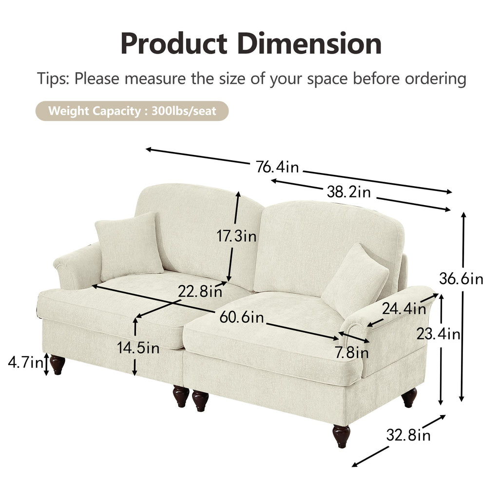 Classic 2 Piece Modular Couch Living Room Sofa Set with Flared Arms and Removable Ruffles Pleats Skirts and Spindle Legs, 3 Seater Sofa + 2-Seat Loveseat Sofa Sets for Living Room, Beige White