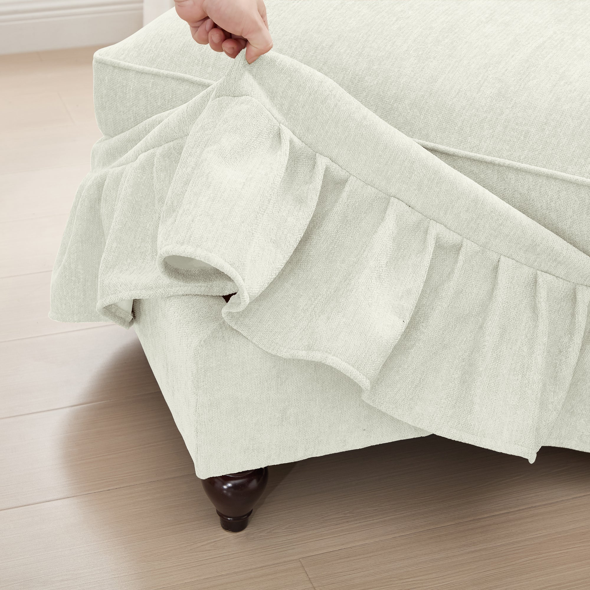 Classic 2 Piece Modular Couch Living Room Sofa Set with Flared Arms and Removable Ruffles Pleats Skirts and Spindle Legs, 2 Seater Sofa + 2-Seat Loveseat Sofa Sets for Living Room, Beige White
