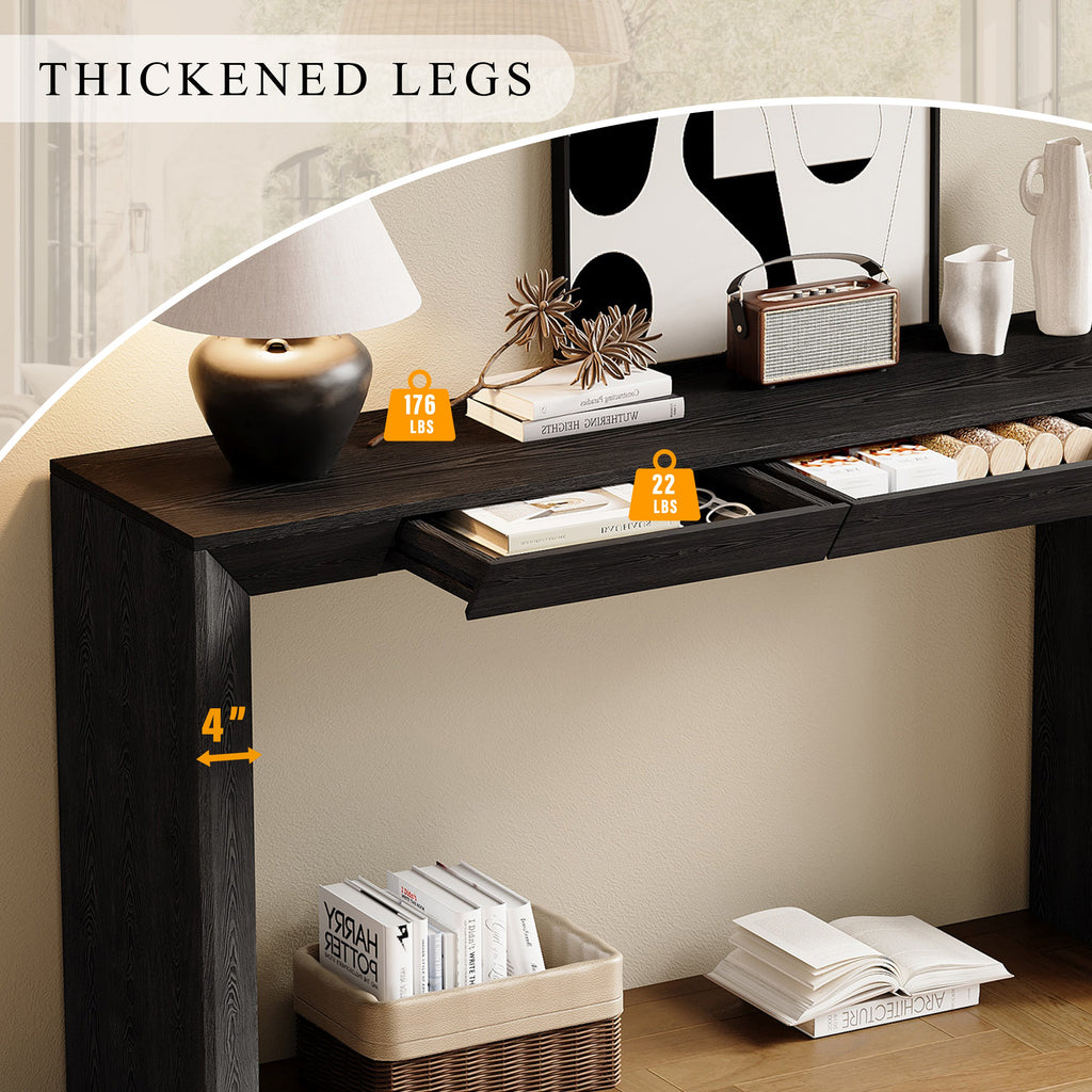 TREXM 60' Modern Farmhouse Console Table with 2 Concealed Drawers, Waterfall Design Entryway Table with Thickened Legs & Rustic Wood Grain for Living Room, Entryway & Hallway (Black)