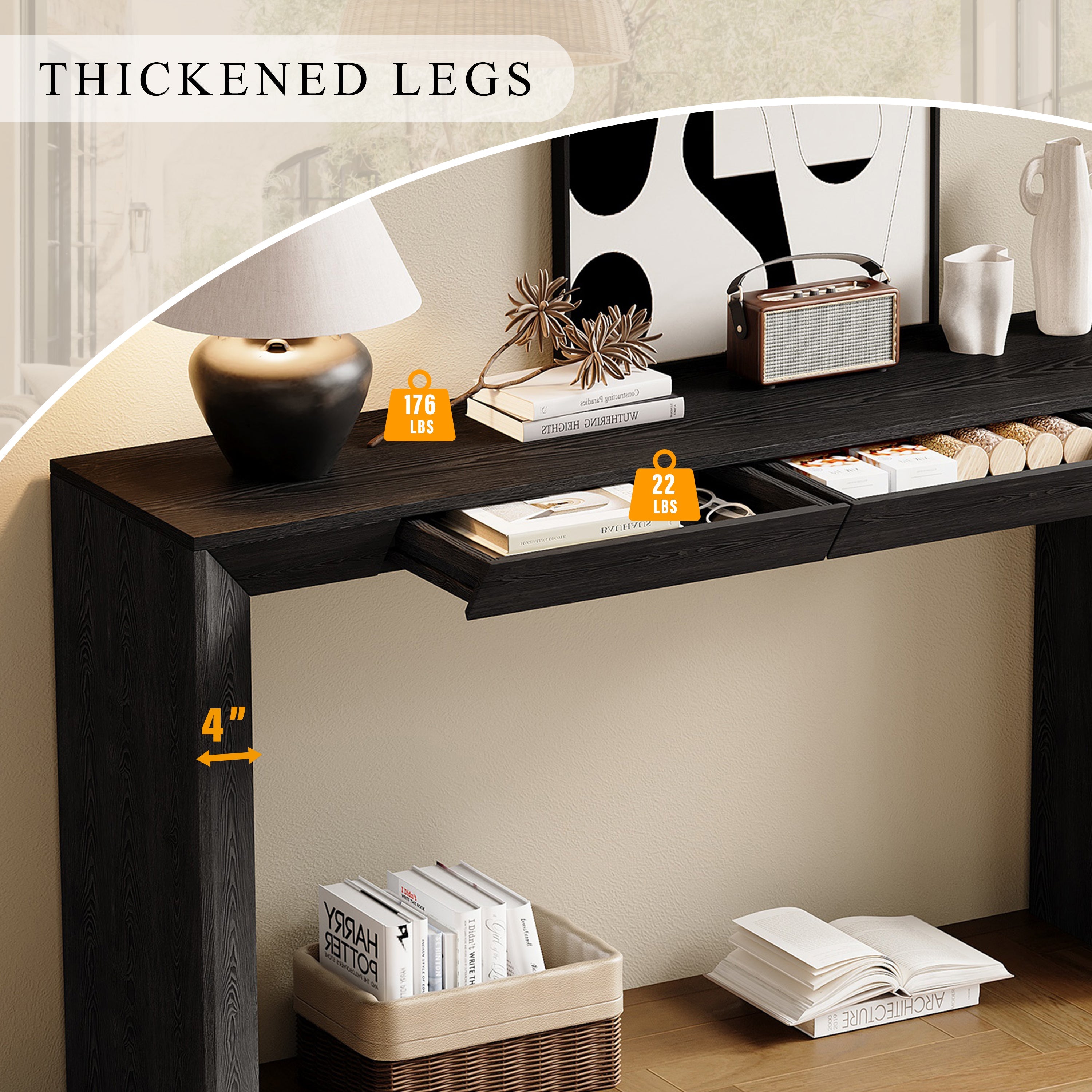 TREXM 60' Modern Farmhouse Console Table with 2 Concealed Drawers, Waterfall Design Entryway Table with Thickened Legs & Rustic Wood Grain for Living Room, Entryway & Hallway (Black)