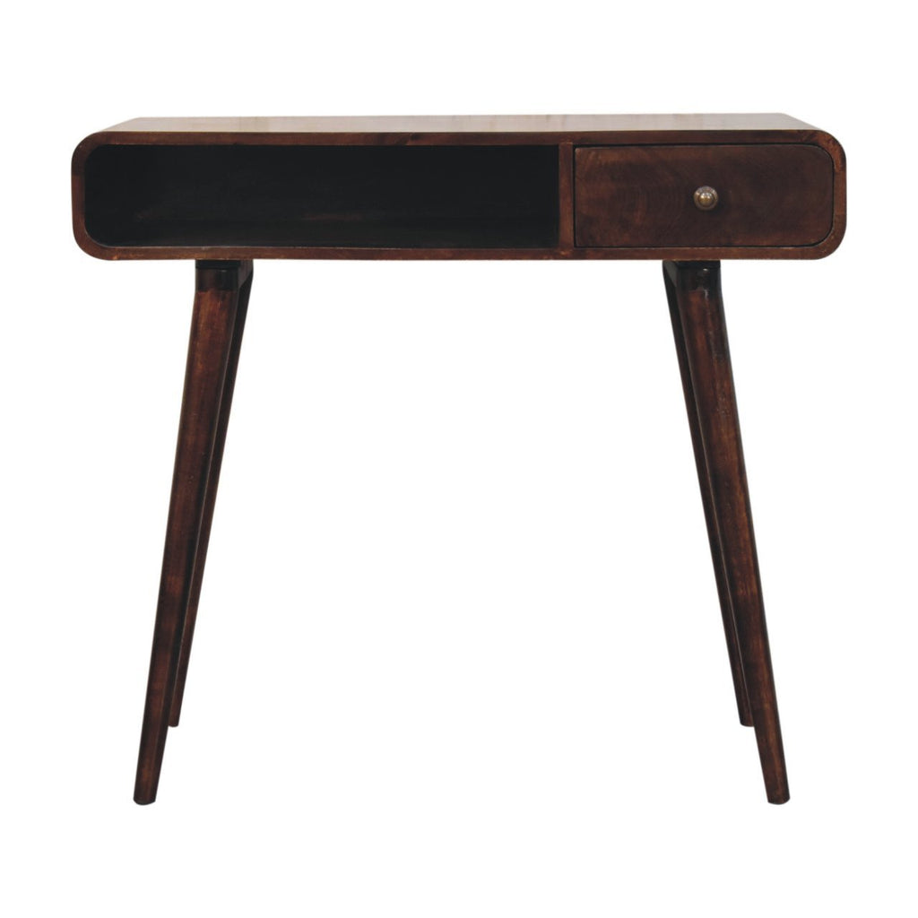 Solid Wood Curved California Walnut Writing Desk, 1-Drawer, 1 Open-Slot, Nordic Legs, Dark Brown