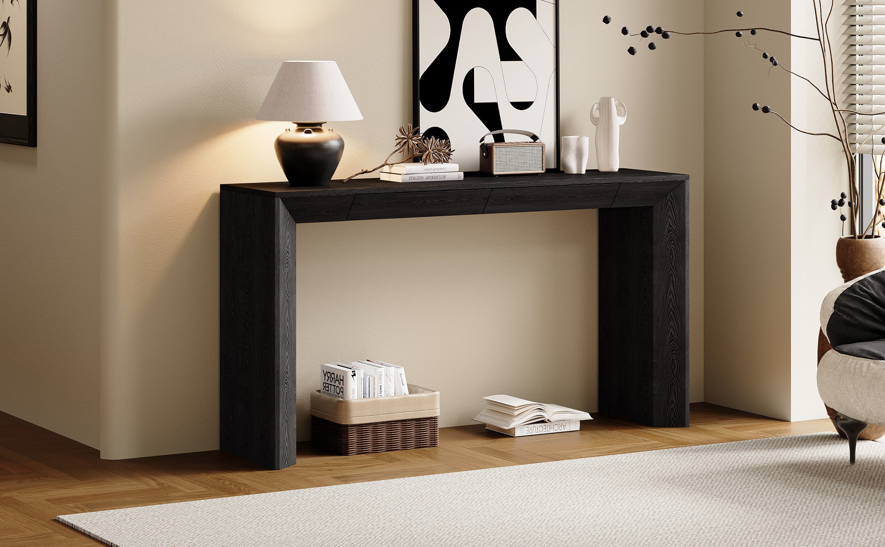 TREXM 60' Modern Farmhouse Console Table with 2 Concealed Drawers, Waterfall Design Entryway Table with Thickened Legs & Rustic Wood Grain for Living Room, Entryway & Hallway (Black)