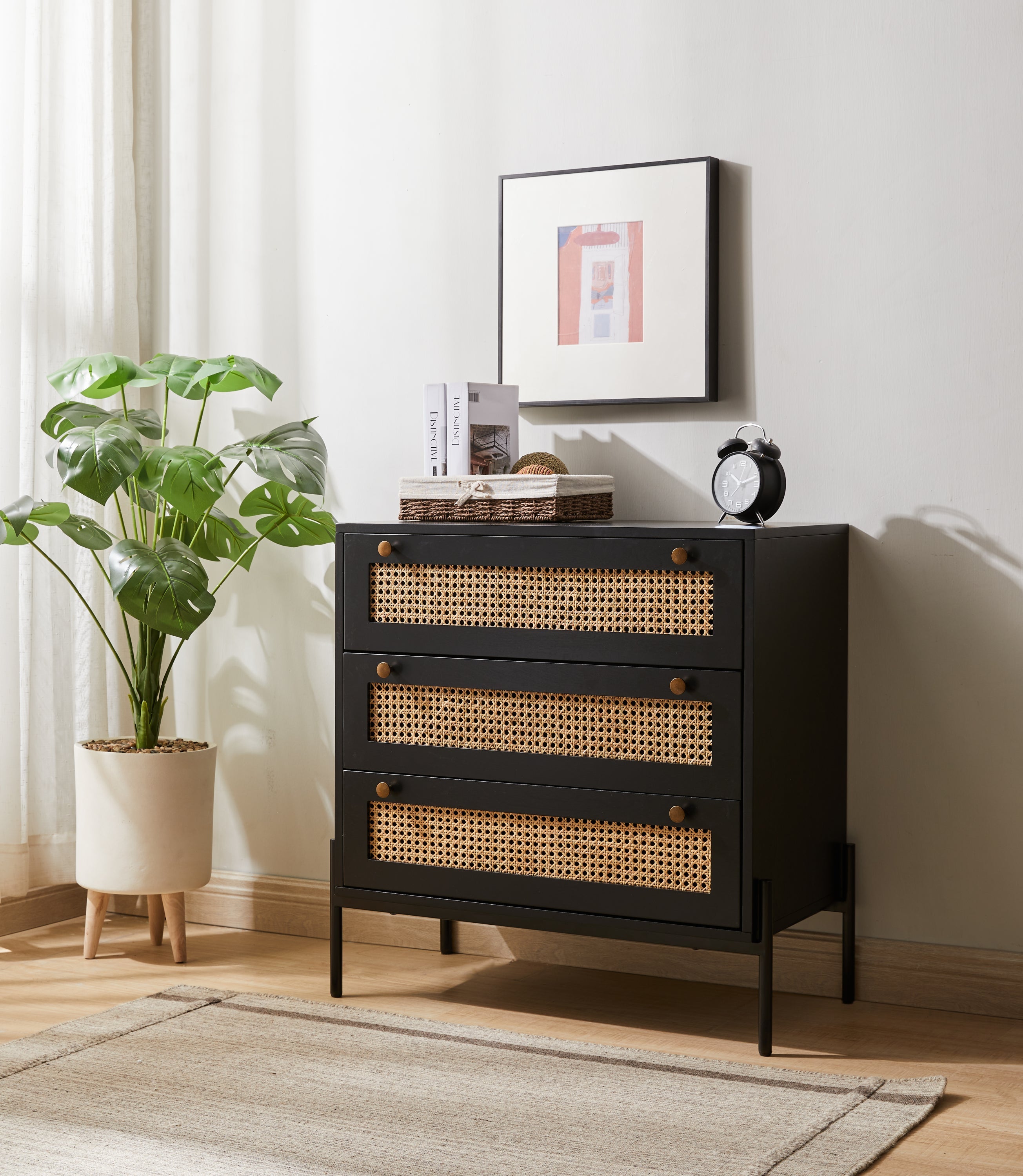 Rattan Storage Cabinet with 3 Large Drawers, Boho Mid-Century Wooden Nightstand Drawer Dresser, Sideboard Buffet Cabinet with Storage for Living Room Dining Room Hallway Bedroom, 30×15.8×30 Inches