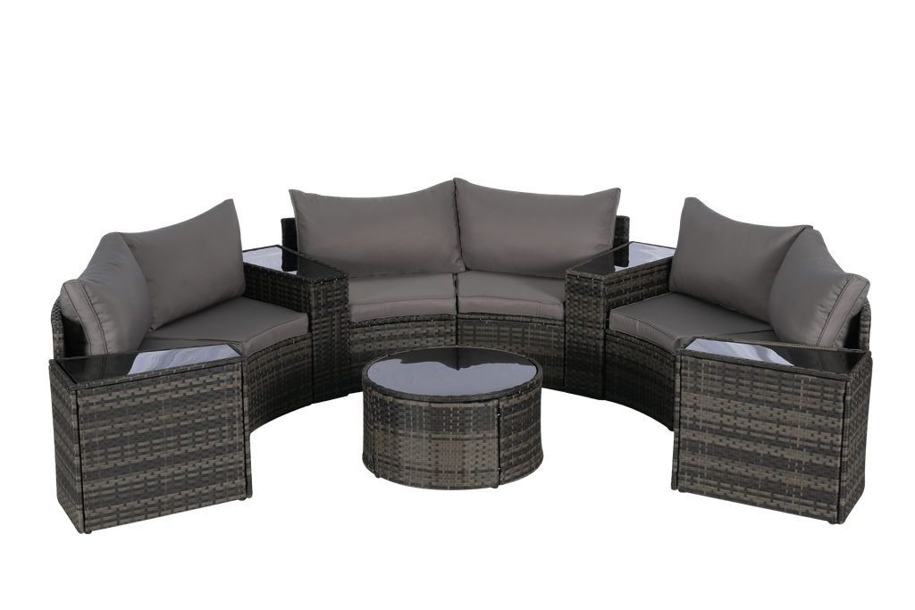 Outdoor Patio Furniture 11-Piece Half-Moon Sectional Round Patio Furniture Set Sofa with Tempered Glass Round Coffee Table