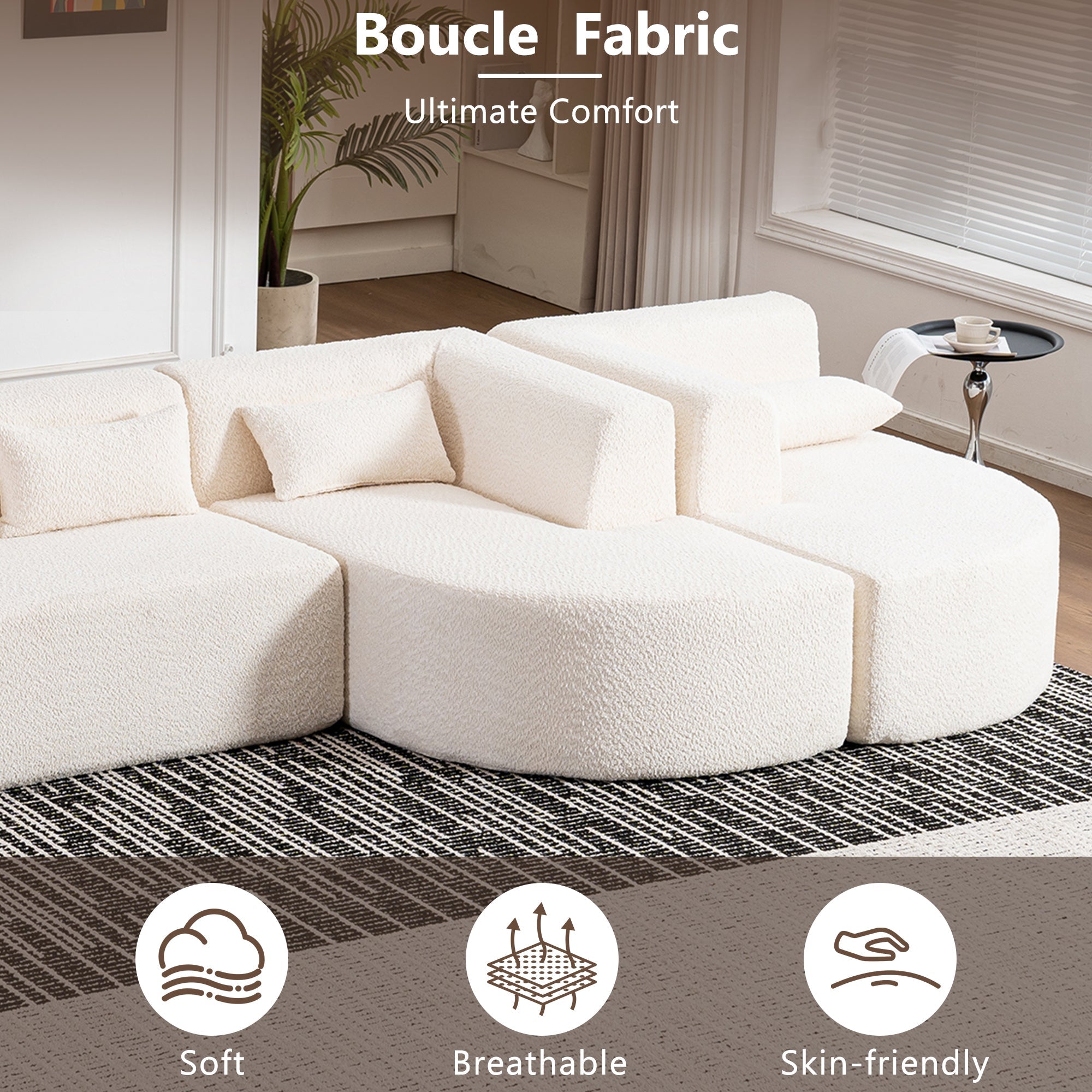 144' Upholstered Sofa Free-combined Sofa Couch with Two Chaise Lounge and Five Back Pillows for Living Room(Old SKU: N719S001600A), Beige