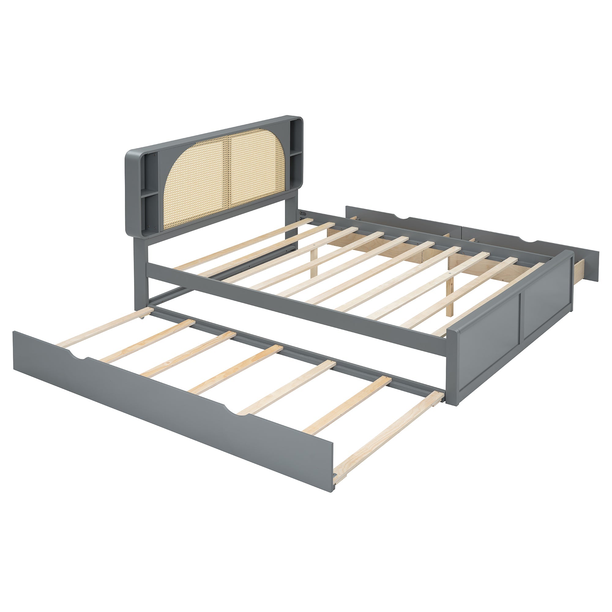 Queen Size Rattan Headboard Bed with Two Drawers and Trundle, Gray