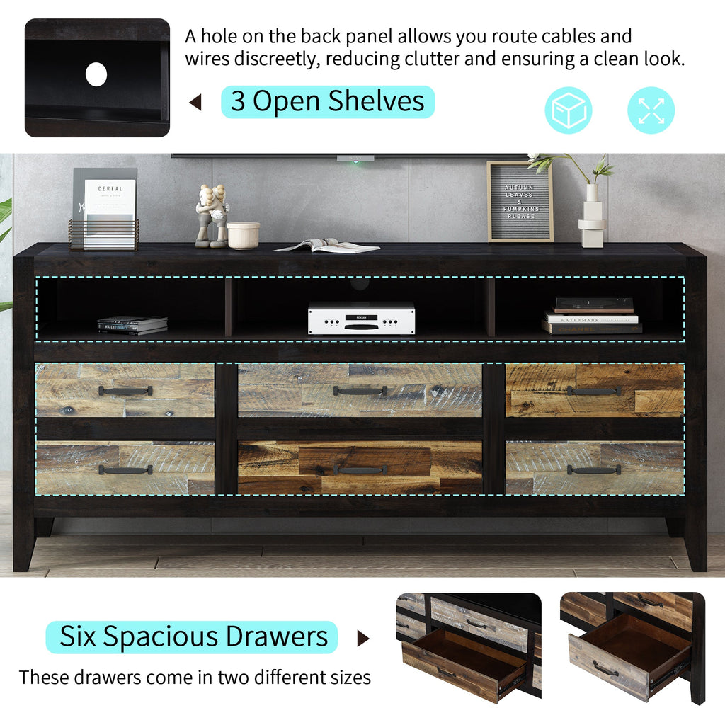 U-Can Retro Distressed Wooden TV Stand for TVs up to 65 Inches, Entertainment Center Media Console with 6 Drawers and 3 Shelves for Living room, Black