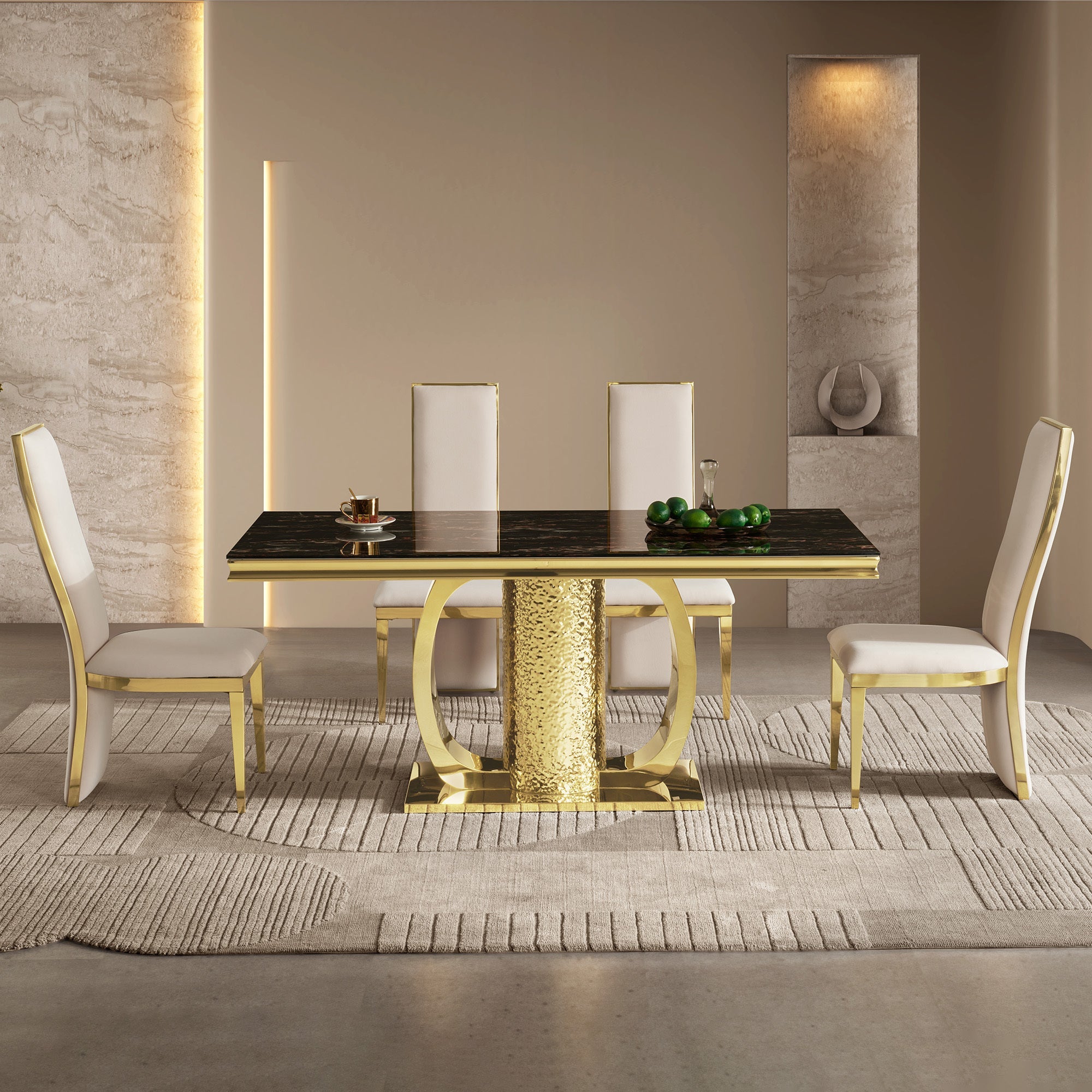 Gold stainless steel dining table  70.08 inch black tempered glass top with sticker