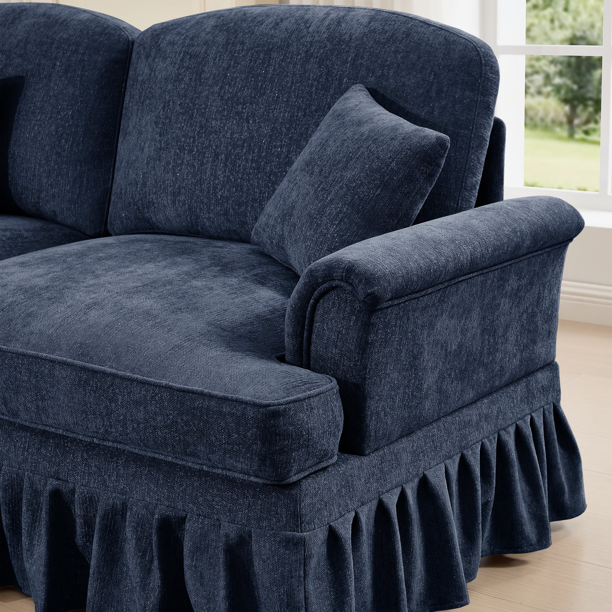 Classic 2 Piece Modular Couch Living Room Sofa Set with Flared Arms and Removable Ruffles Pleats Skirts and Spindle Legs, 2Seater Sofa + 2-Seat Loveseat Sofa Sets for Living Room, Blue