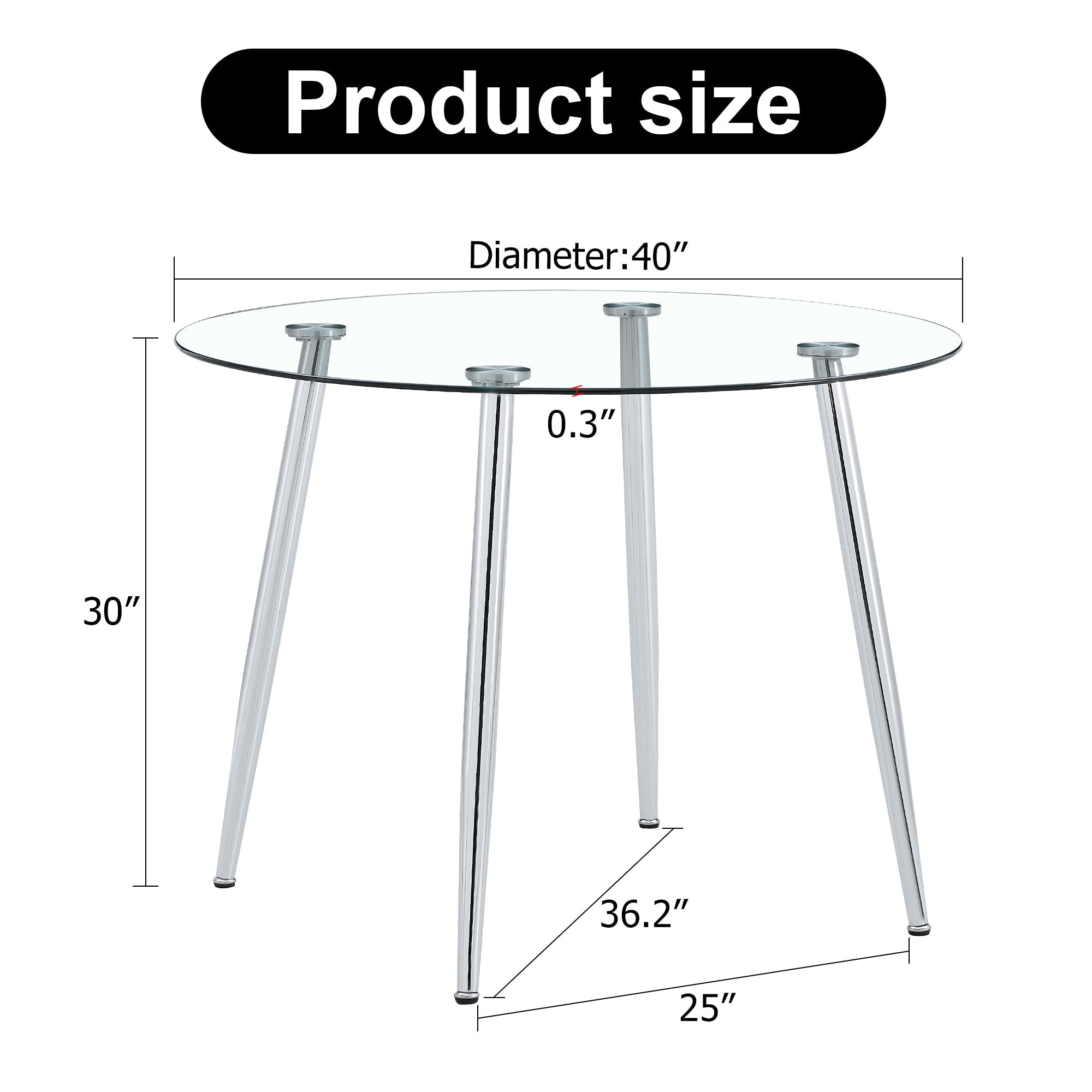 A glass tabletop with a diameter of 40 inches and a modern minimalist circular dining table with silver metal legs.Suitable for living rooms, and conference rooms.W1151S03392