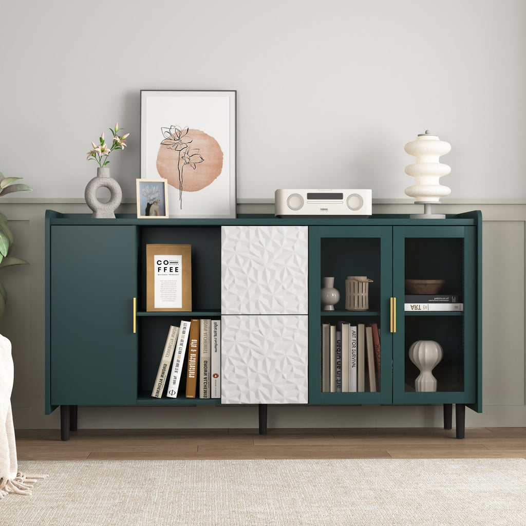 Modern Kitchen Pantry Storage Cabinet , 55" Coffee Bar Storage Cabinet with 2 Drawers, 2 Open Storage Compartment & 2 Glass Doors, Wood Buffet Table for Kitchen, Living Room, Green
