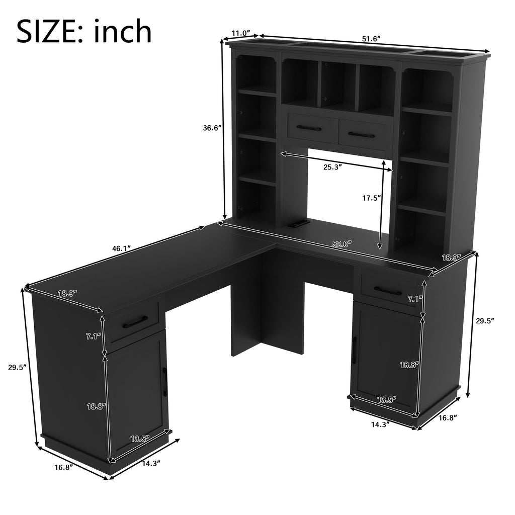 L-shaped computer desk with 2 cabinets and 2 drawers underneath the table, 11 open shelves and a flip-up shelf with storage on the right side, suitable for study, living room and office, Black