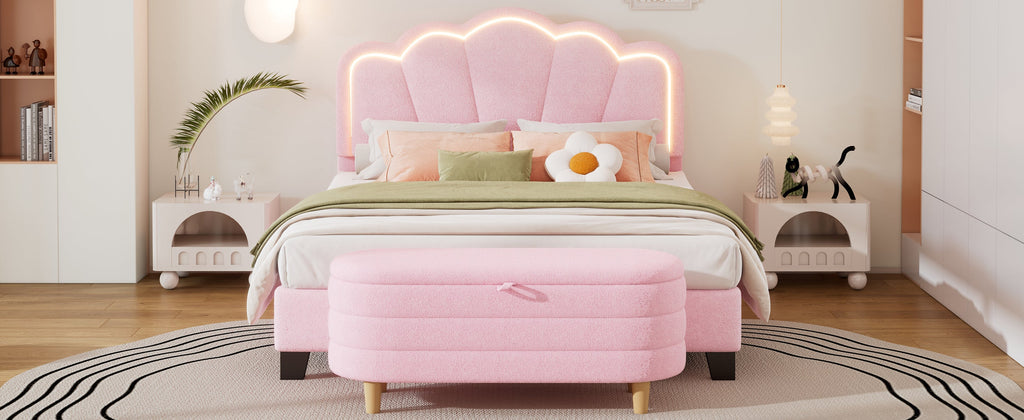 2-Pieces Bedroom Sets Full Size Flower-Shaped Upholstered LED Platform Bed with Storage Ottoman-Sherpa Fabric, Pink