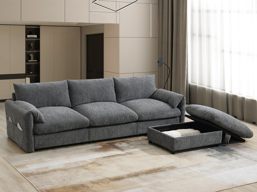 96.5'' Chenille Sectional Sofa with Storage Ottoman and Pockets,Adjustable Phone Holder,Wide Seat,4 Seat L Shaped Couch Set,Comfy Sofa with USB Charger for Living Room,Apartment,3 Colors