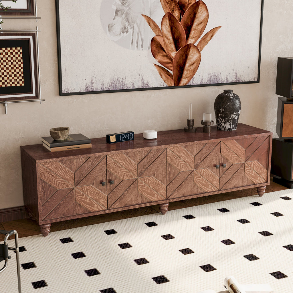 70'-90' Extendable TV Cabinet, Modern Entertainment Center with Storage and Adjustable Shelves, Mid 
Century Lacquered and Real Wood Veneered TV Console for Living Room, Hallway, Entryway, Walnut