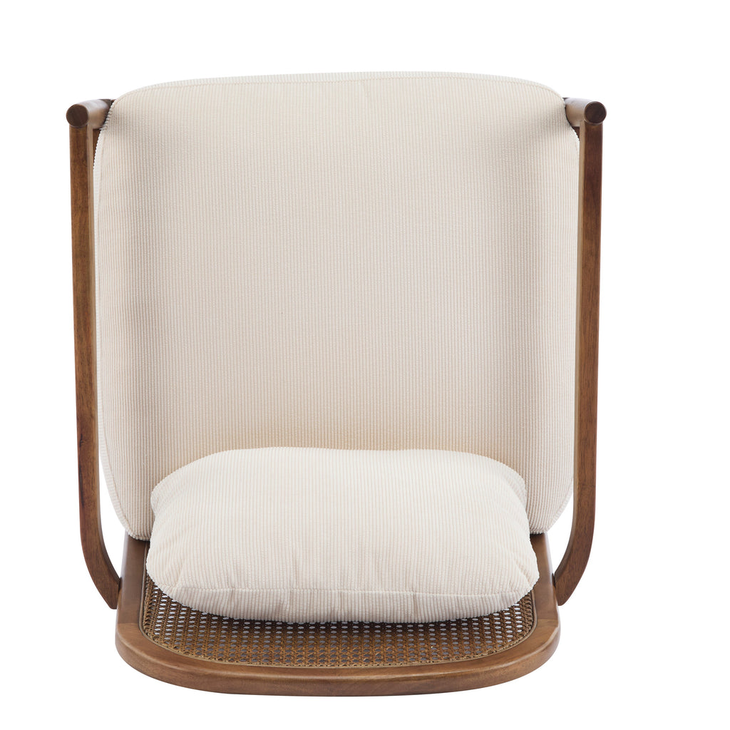 [Set of 2] 26.6' Mid-Century Modern Accent Chair with Light Brown Finish Solid Wood Frame and Rattan Backrest, Beige Cushion with Striped Fabric, Comfy Armchairs for Living Room, Bedroom, Reading Nook