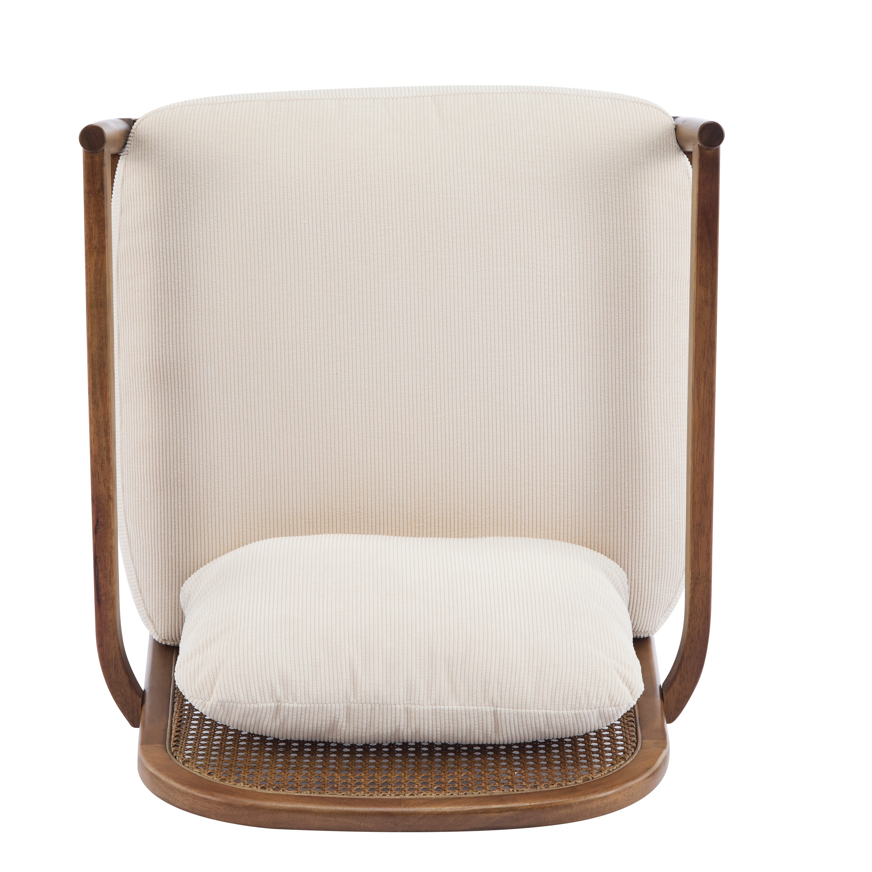 [Set of 2] 26.6' Mid-Century Modern Accent Chair with Light Brown Finish Solid Wood Frame and Rattan Backrest, Beige Cushion with Striped Fabric, Comfy Armchairs for Living Room, Bedroom, Reading Nook