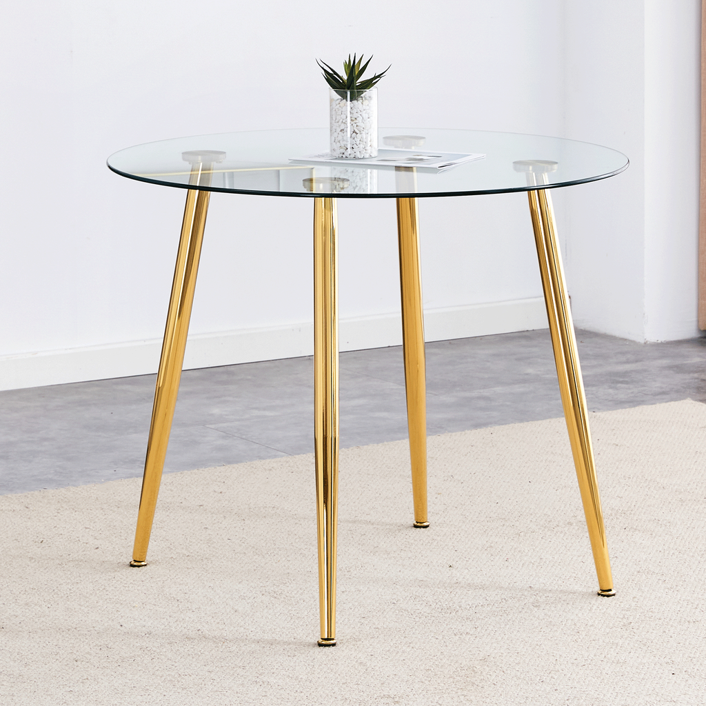 Round dining table with glass top, gilded metal legs, exquisite living, starting from the details, the gold legs show an extraordinary texture, which is the finishing touch to your home.36*36