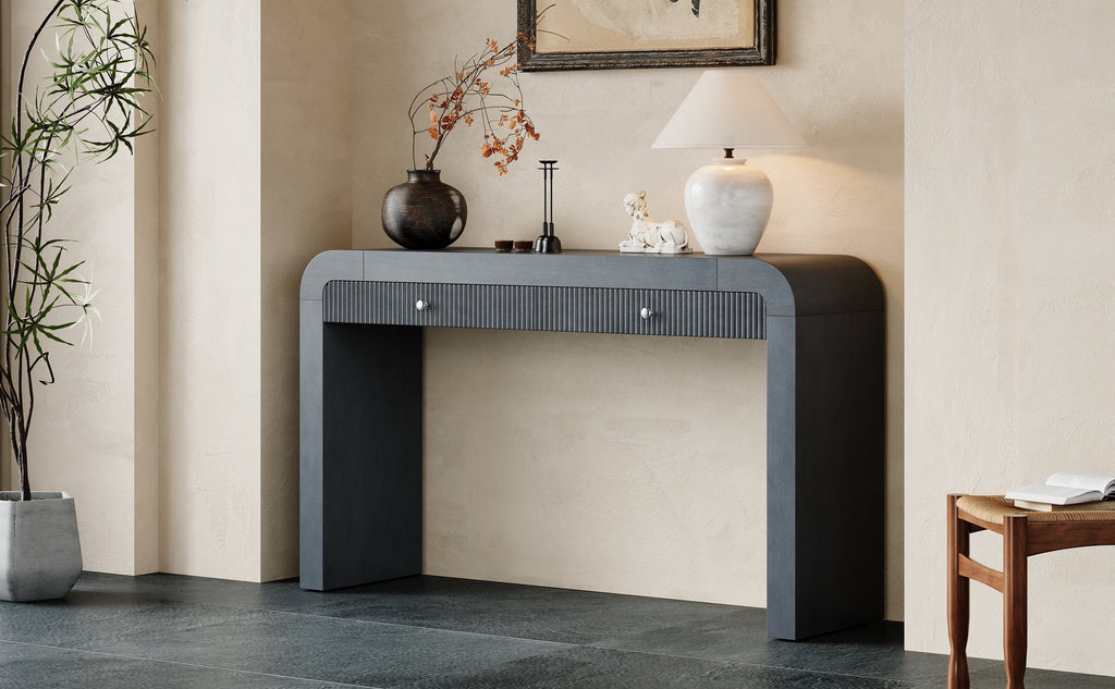 TREXM Rustic Console Table with Fluted Drawer Front, Entryway Table with Curved Corners & Thick Legs, Sturdy Sofa Table for Hallway & Living Room (Dark Navy)