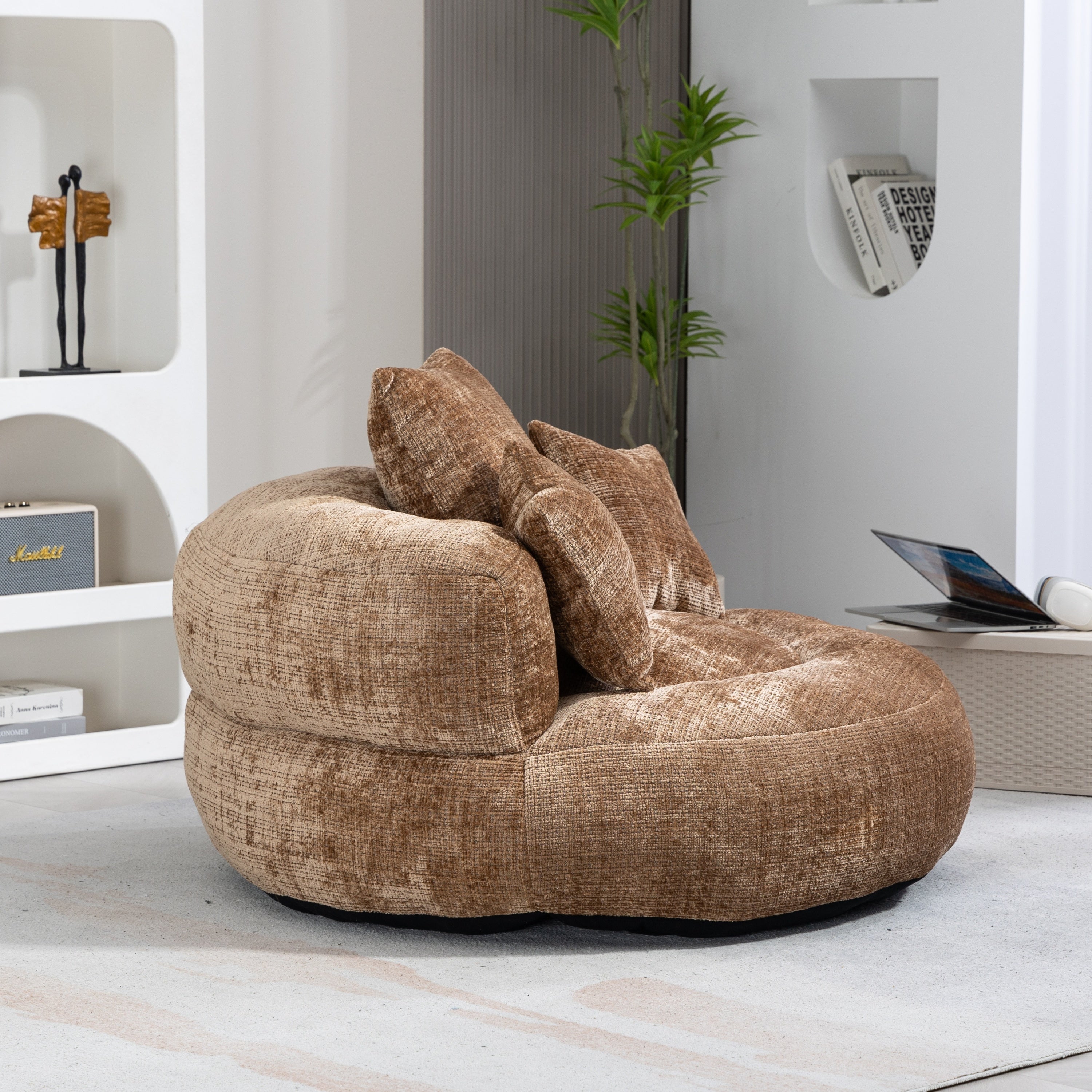 Lazy Sofa Durable Comfort Lounger High Back Bean Bag Chair with Three Pillows, Coffee Chenille, 42.52 inches