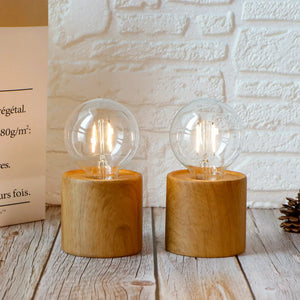 Set of 2 wood-grain battery-operated table lamps with clear glass globes