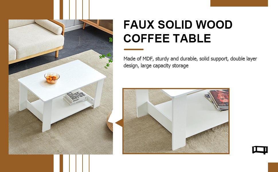 A modern and minimalist white double layered rectangular coffee table and coffee table. MDF material is more durable and suitable for living rooms, bedrooms, and study rooms. 19.6 "*35.4"*16.5 "CT-16