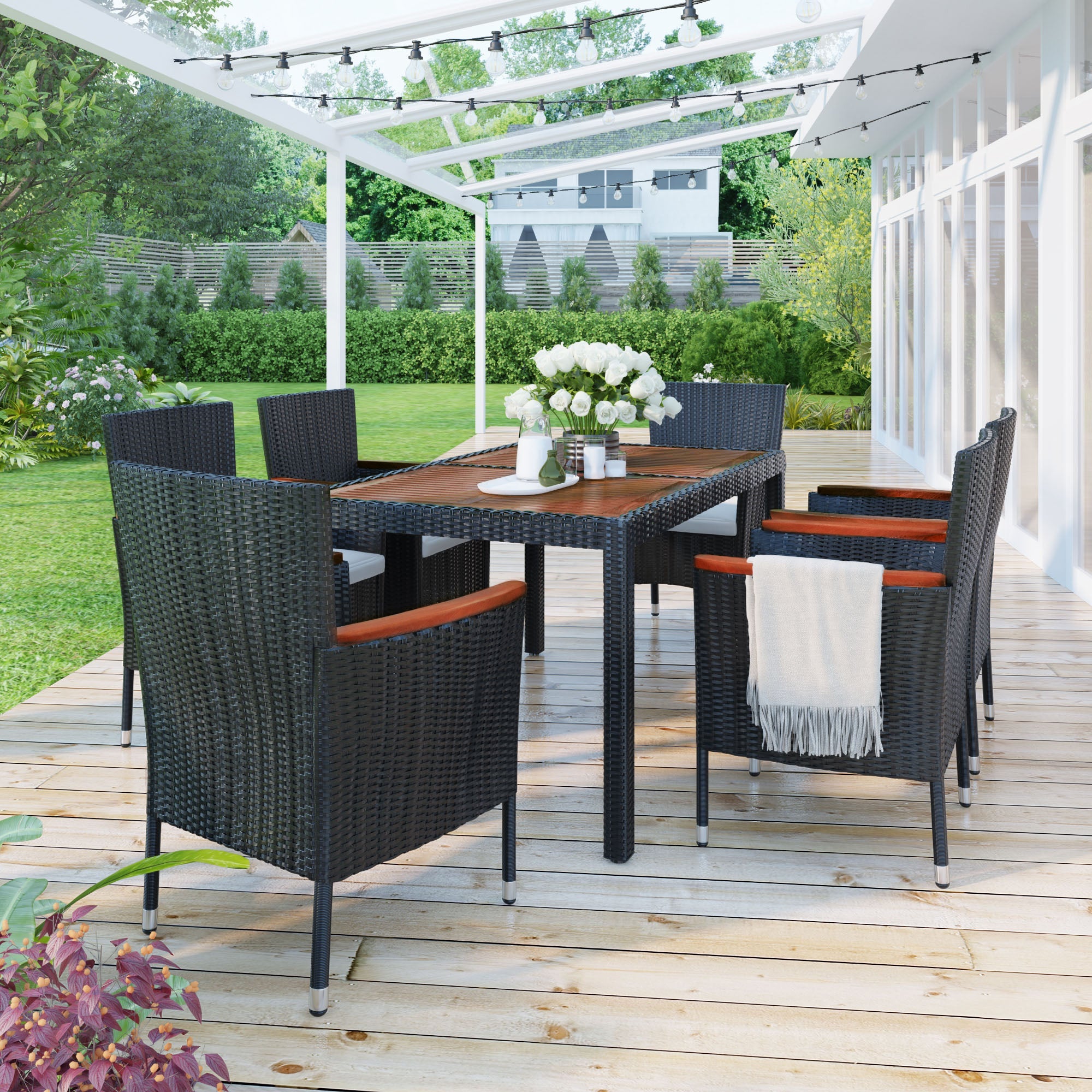7-Piece Outdoor Patio Dining Set, Garden PE Rattan Wicker Dining Table and Chairs Set, Acacia Wood Tabletop, Stackable Armrest Chairs with Cushions, Reddish-brown