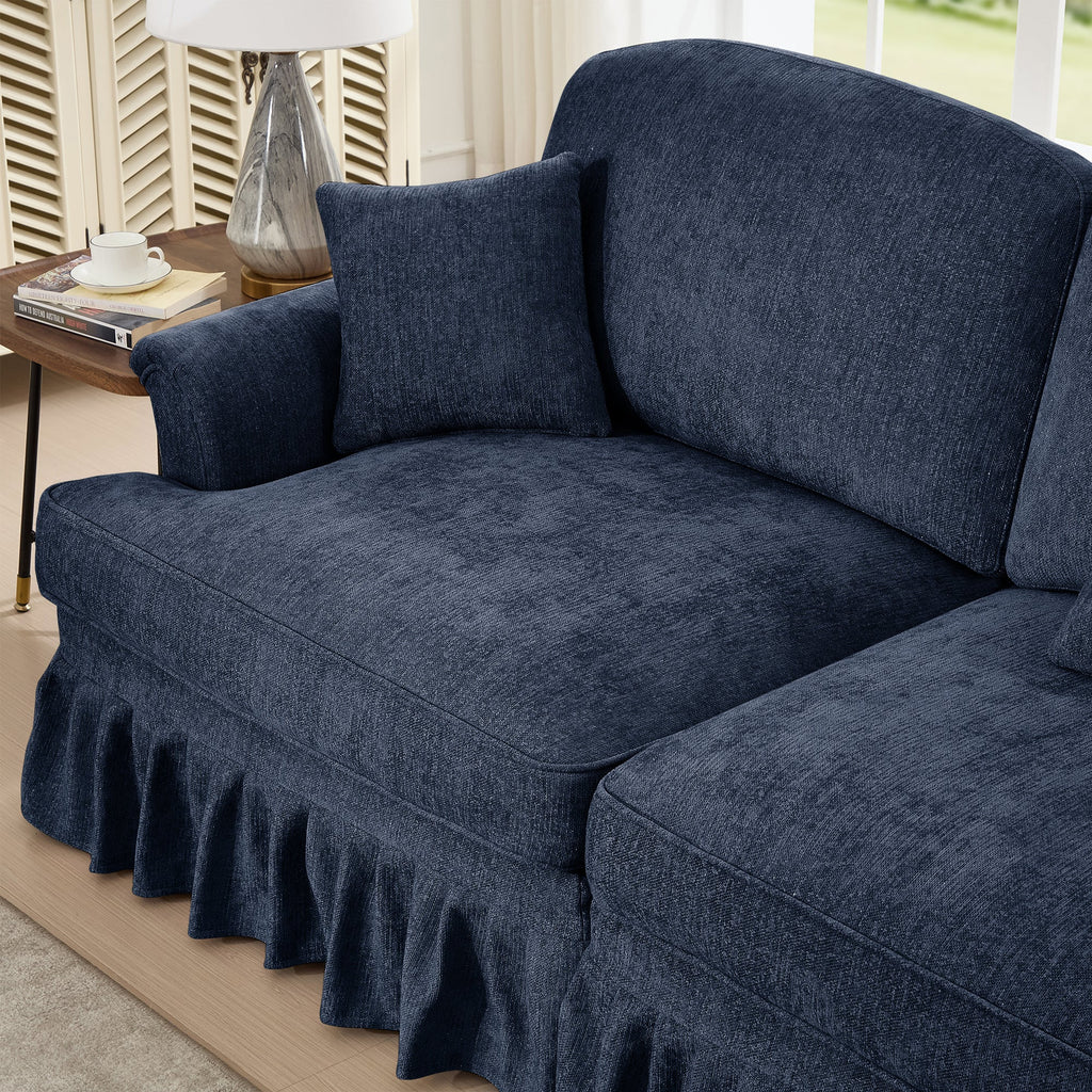 Classic 2 Piece Modular Couch Living Room Sofa Set with Flared Arms and Removable Ruffles Pleats Skirts and Spindle Legs, 2Seater Sofa + 2-Seat Loveseat Sofa Sets for Living Room, Blue