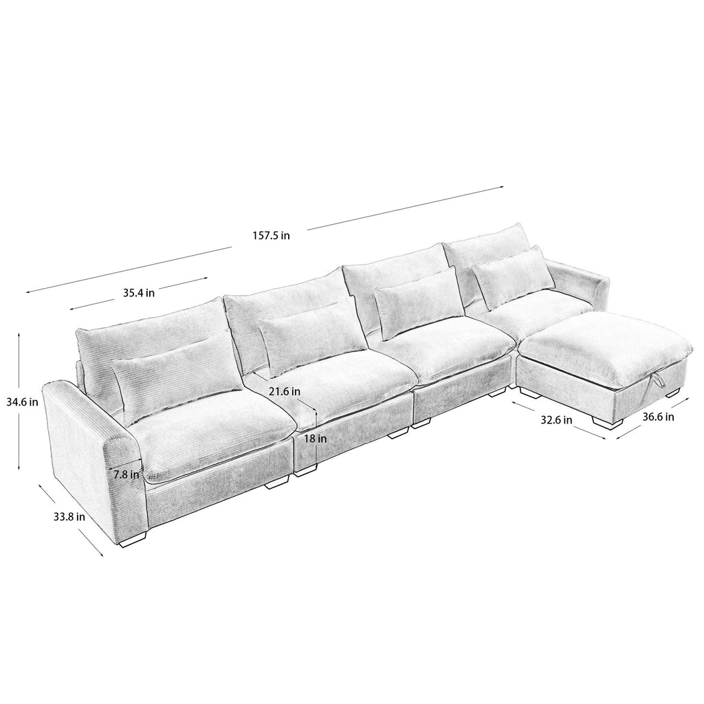 Large L Shape Sectional Corduroy Sofa,Deep Seat Couch with Storage Footstool and 4 Waist Pillows, Brown