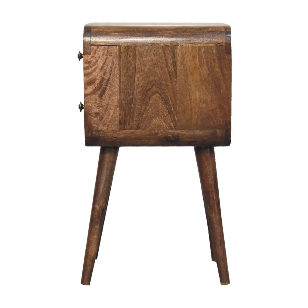 Solid Wood Mini Curved Grey Washed Nightstand, 2-Drawers, Nordic Legs, Brown
