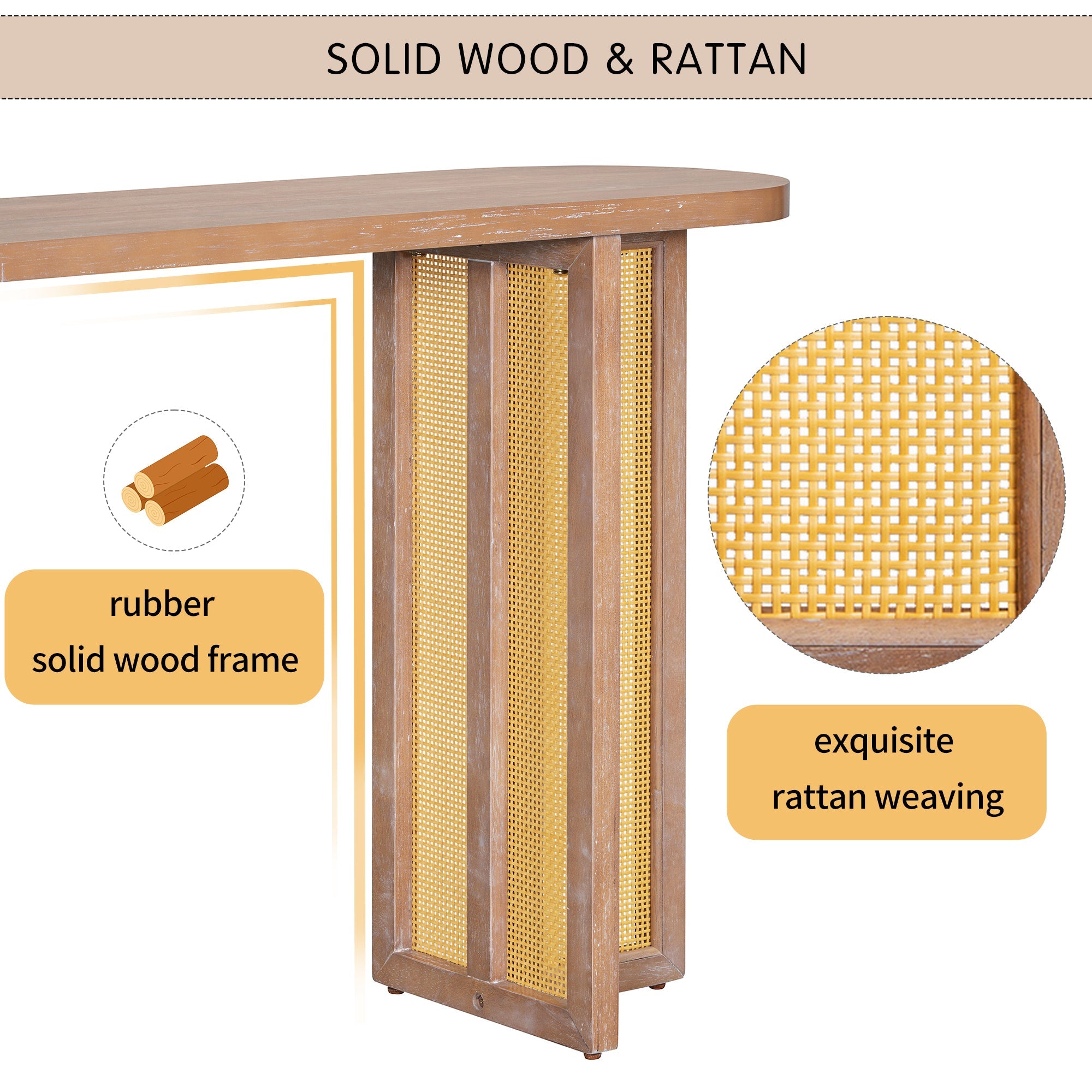 TREXM Farmhouse Rattan Console Table Entryway Table, Narrow Console Table with Storage, Hallway Table for Living Room, Entrance (Natural Wood Wash)