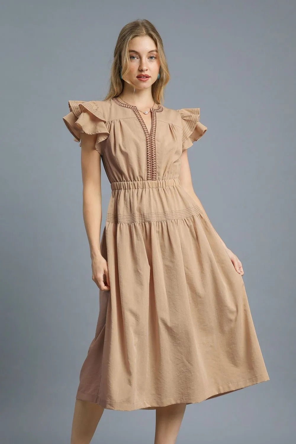 Umgee Ruffled Cap Sleeve Midi Dress with Contrast Trim Detail
