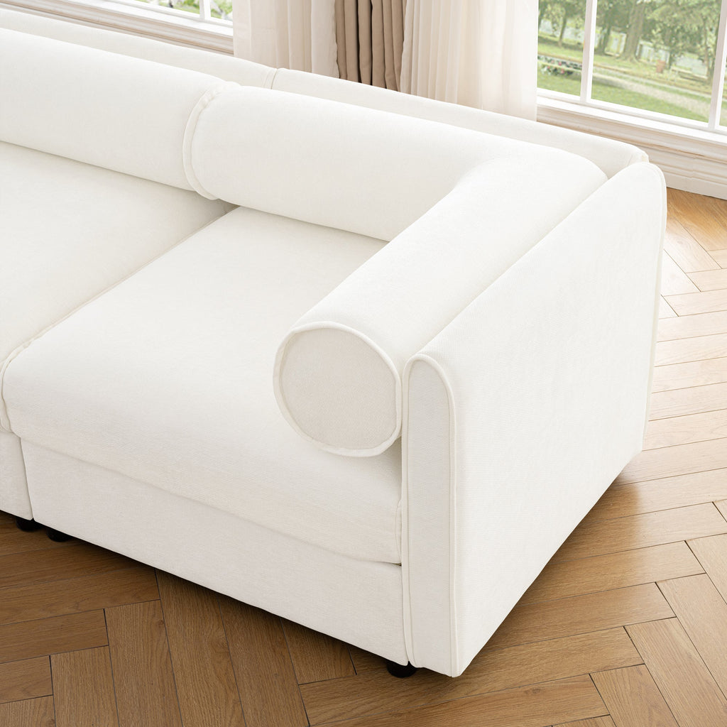 Stylish White Chenille 2-Seater Sofa with Storage Seat, Cylindrical Backrest and Armrests, Modern Fabric Loveseat Featuring Hidden Storage Space