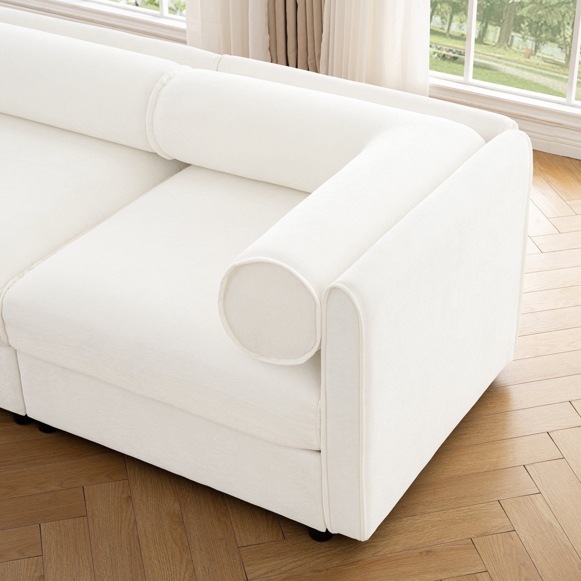 Stylish White Chenille 2-Seater Sofa with Storage Seat, Cylindrical Backrest and Armrests, Modern Fabric Loveseat Featuring Hidden Storage Space